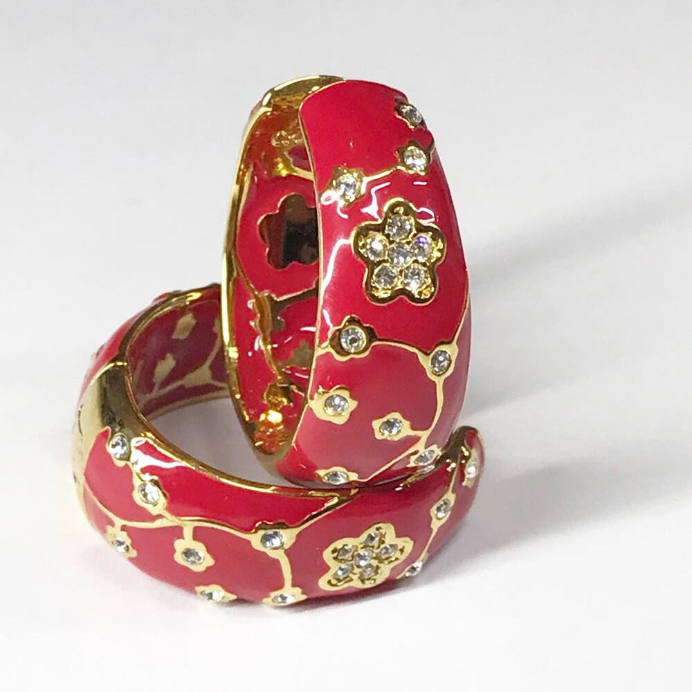 Lauren G Adams LGA Dome Tapered Hoop Earrings Gold Plated Red Enamel Rhinestone - Picture 7 of 12